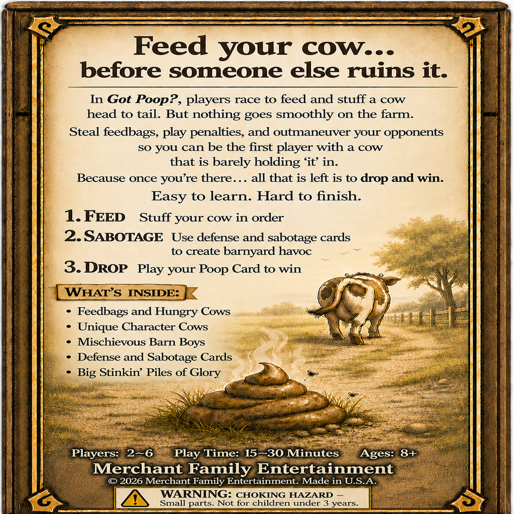 Got Poop? Family Card Game back of box – Merchant Family Entertainment